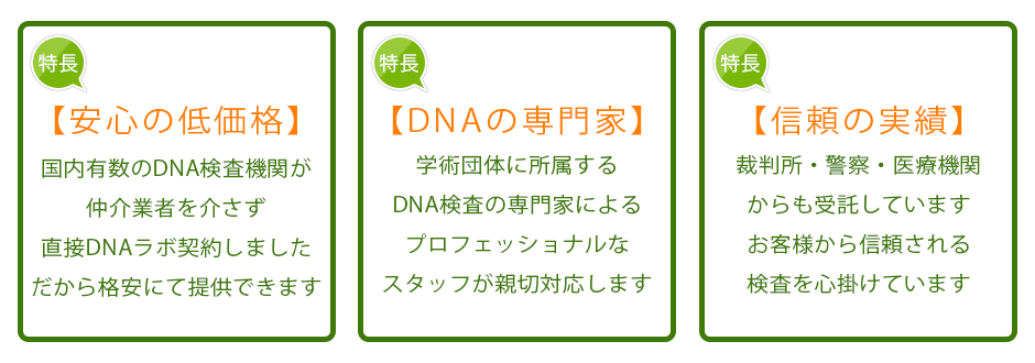 安心の低価格-付属のサービスをオプションとする事で検査費用を抑え高品質な検査を低価格でご提供します
自社DNAラボ-安全検証済みの分析装置と検査試薬を用いて、新技術導入し世界最高品質の日本の技術力をご提供します
専門の研究員-豊富な検査経験と専門知識を基にお一人おひとりに対し最適な検査とサポートをご提供します
信頼の実績-裁判所/警察/病院からも受託しています。お客様の笑顔の為に信頼され選ばれる検査を心掛けています